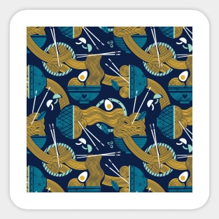 Noodles connection // pattern // midnight blue background teal and aqua bowls yellow pasta Sticker